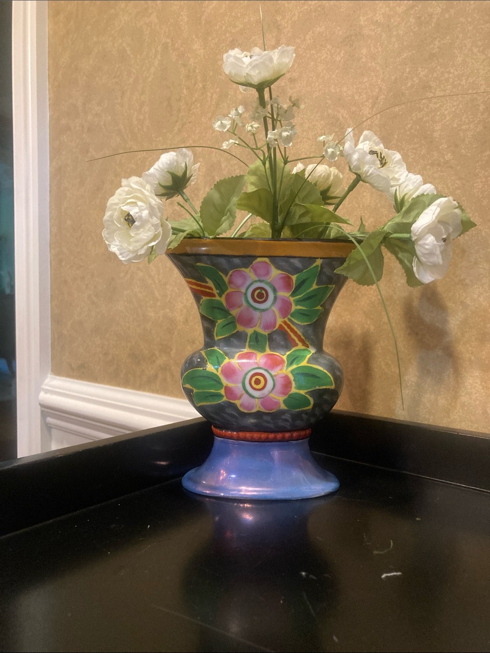 Decorative Floral luster Ware Ceramic Tulip Pedestal Vase handpainted Japan